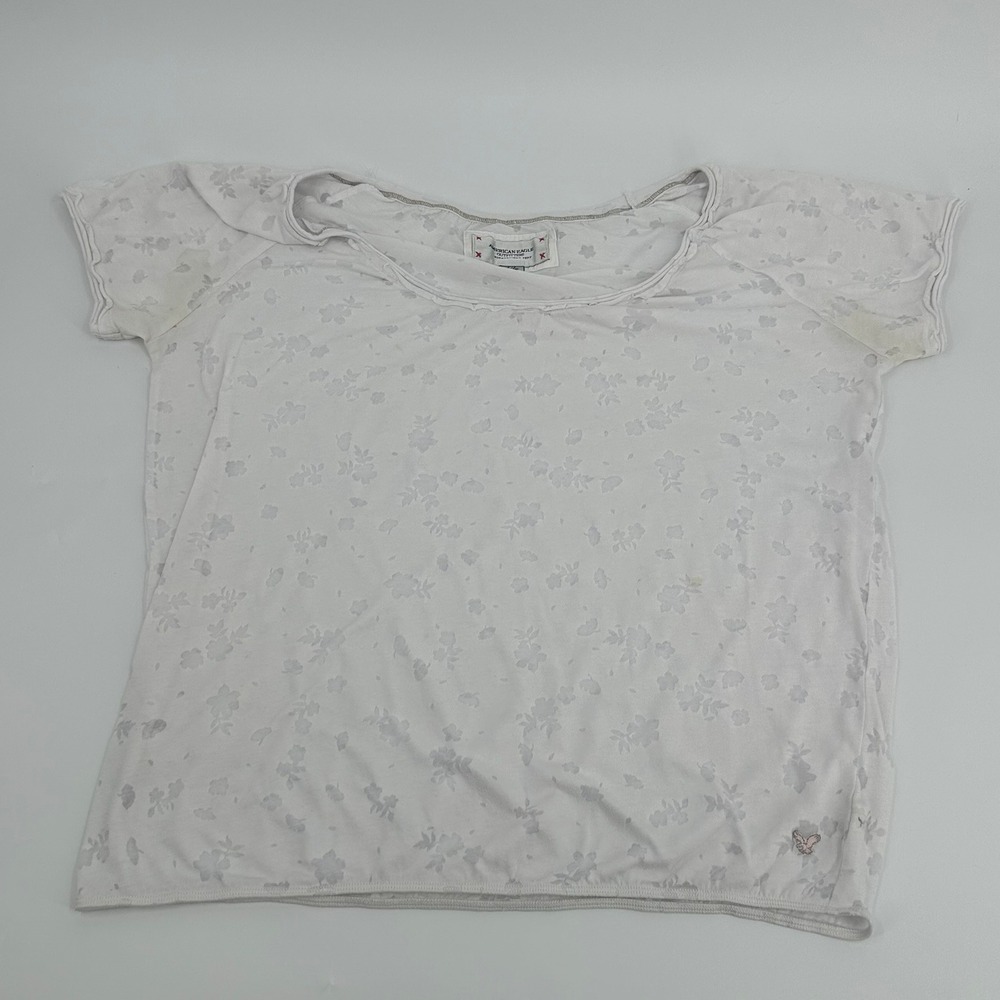 American Eagle Floral Burnout Tee Y2K Women XL White Short Sleeve Scoop Neck Tee